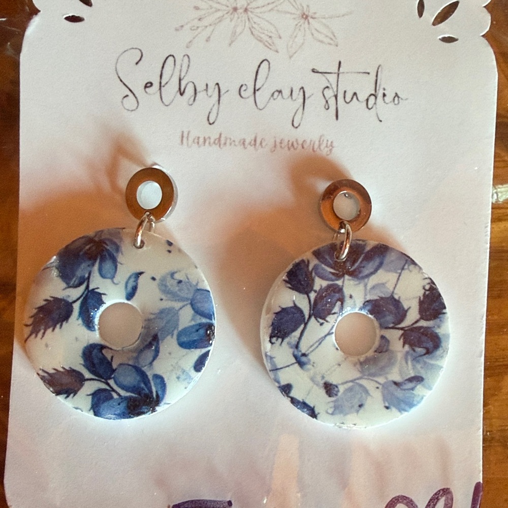 Handmade Blue Floral Donut Drop Earrings